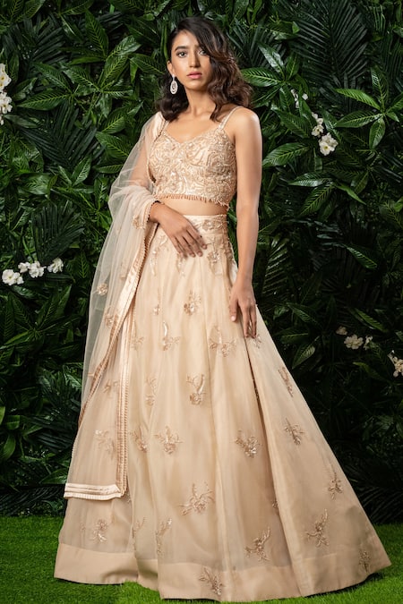 Mirroir Beige Organza Sweetheart Neck Embellished Lehenga Set 