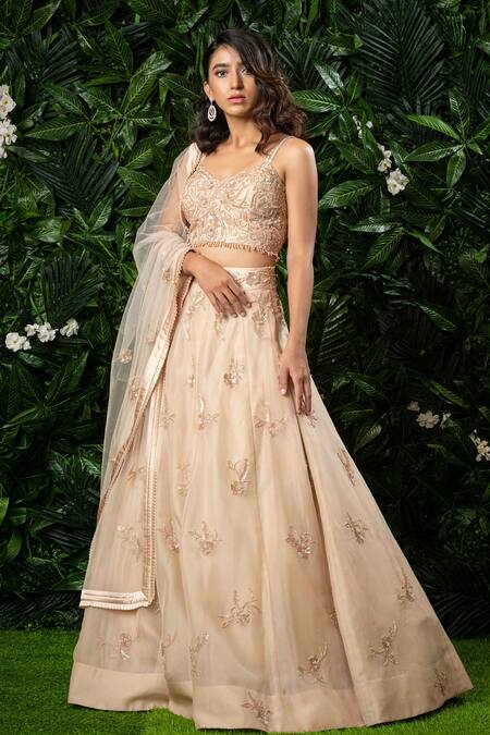 Mirroir_Beige Organza Sweetheart Neck Embellished Lehenga Set _Online_at_Aza_Fashions