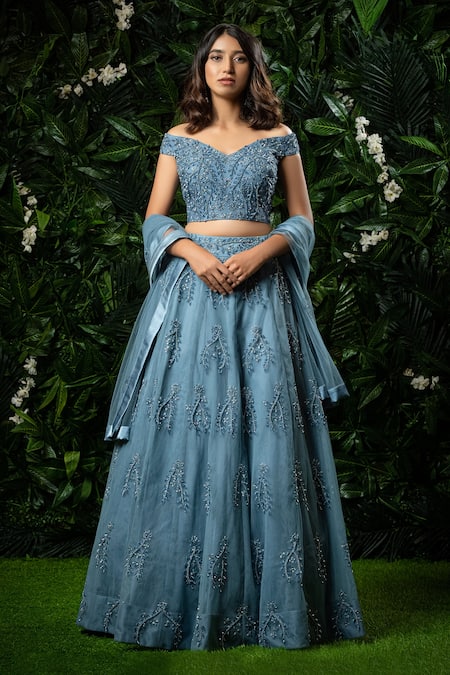 Buy Blue Gajji Silk Embroidered Rain Sweetheart Off Shoulder Lehenga Set  For Women by Payal & Zinal Online at Aza Fashions.
