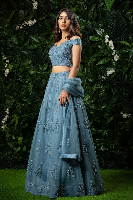 Mirroir Blue Organza And Net Embellished Bead One Shoulder Lehenga Set Online at Aza Fashions Mirroir_Blue Organza And Net Embellished Bead One Shoulder Lehenga Set _Online_at_Aza_Fashions
