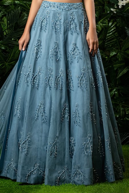 Shop Mirroir Blue Organza And Net Embellished Bead One Shoulder Lehenga Set Online at Aza Fashions Shop_Mirroir_Blue Organza And Net Embellished Bead One Shoulder Lehenga Set _Online_at_Aza_Fashions