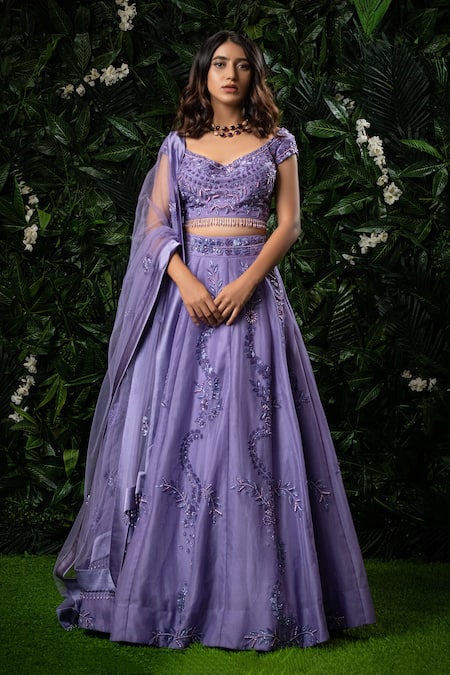 Mirroir Purple Organza Embellished V Neck Lehenga Set 