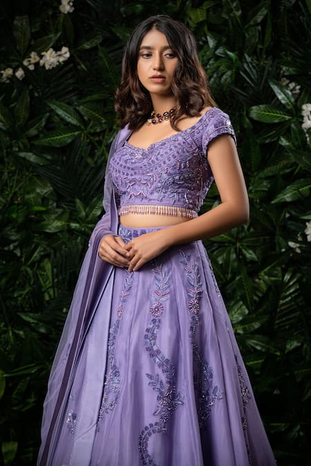 Shop Mirroir Purple Organza Embellished V Neck Lehenga Set at Aza Fashions Shop_Mirroir_Purple Organza Embellished V Neck Lehenga Set _at_Aza_Fashions
