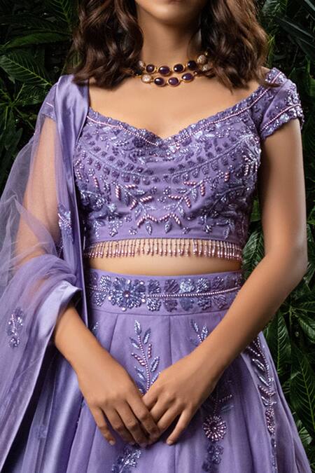 Mirroir Purple Organza Embellished V Neck Lehenga Set Online at Aza Fashions Mirroir_Purple Organza Embellished V Neck Lehenga Set _Online_at_Aza_Fashions