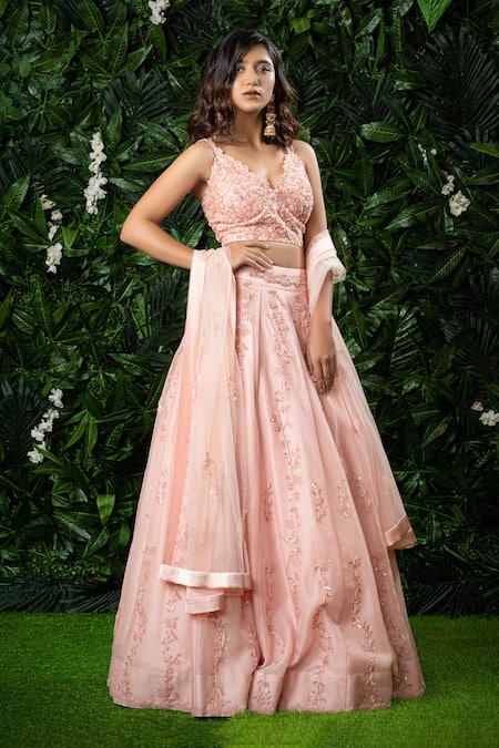 Mirroir Pink Organza And Net V Neck Embellished Lehenga Set Online at Aza Fashions Mirroir_Pink Organza And Net V Neck Embellished Lehenga Set _Online_at_Aza_Fashions