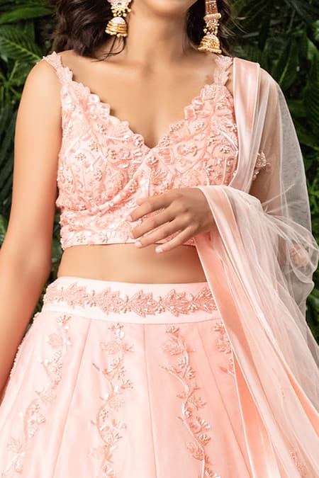 Buy Mirroir Pink Organza And Net V Neck Embellished Lehenga Set Online at Aza Fashions Buy_Mirroir_Pink Organza And Net V Neck Embellished Lehenga Set _Online_at_Aza_Fashions