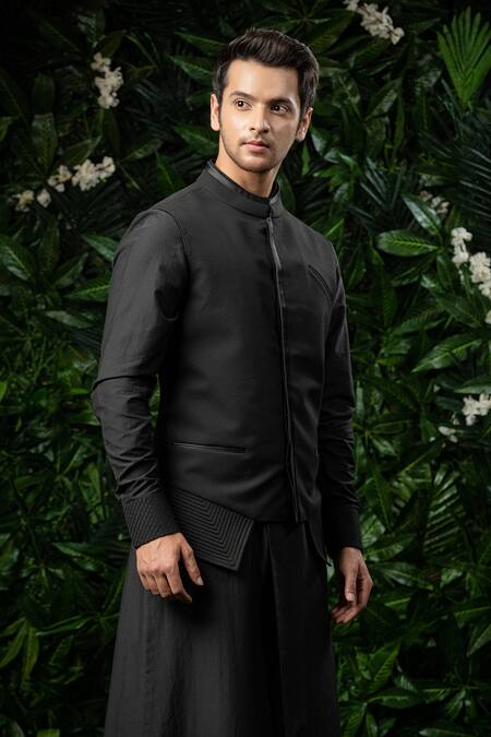 Mirroir_Black Cotton Silk, Poly Blend, Suiting Asymmetric Bundi And Kurta Set _Online_at_Aza_Fashions