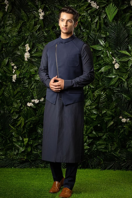 Mirroir Blue Poly Blend Quilted Bundi And Kurta Set  