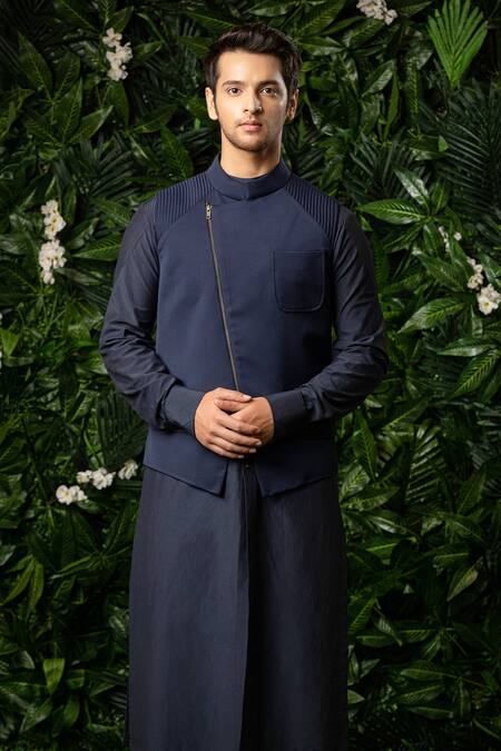 Buy_Mirroir_Blue Poly Blend Quilted Bundi And Kurta Set  _Online_at_Aza_Fashions