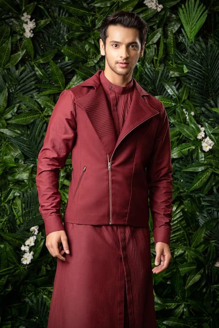 Shop Mirroir Maroon Cotton Silk, Poly Blend, Suiting Zipper Bundi And Kurta Set at Aza Fashions Shop_Mirroir_Maroon Cotton Silk, Poly Blend, Suiting Zipper Bundi And Kurta Set _at_Aza_Fashions