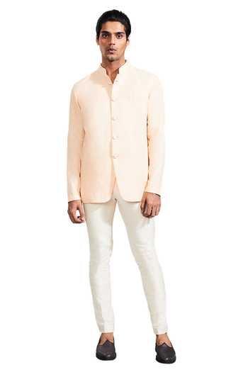 Shop Kunal Rawal Peach Linen Bandhgala Online at Aza Fashions Shop_Kunal Rawal_Peach Linen Bandhgala _Online_at_Aza_Fashions