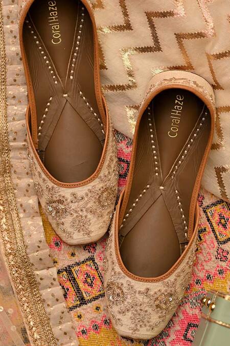 Buy_Coral Haze_Ivory Embroidered Mia Juttis_Online_at_Aza_Fashions