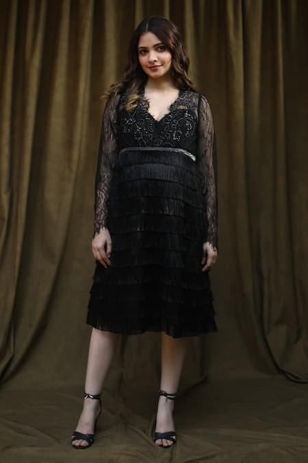 Bump Loving_Black Crepe, Lace Bead , Sequin V Neck Fringe Layered Dress _Online_at_Aza_Fashions