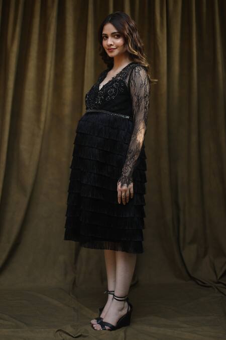 Buy_Bump Loving_Black Crepe, Lace Bead , Sequin V Neck Fringe Layered Dress _Online_at_Aza_Fashions