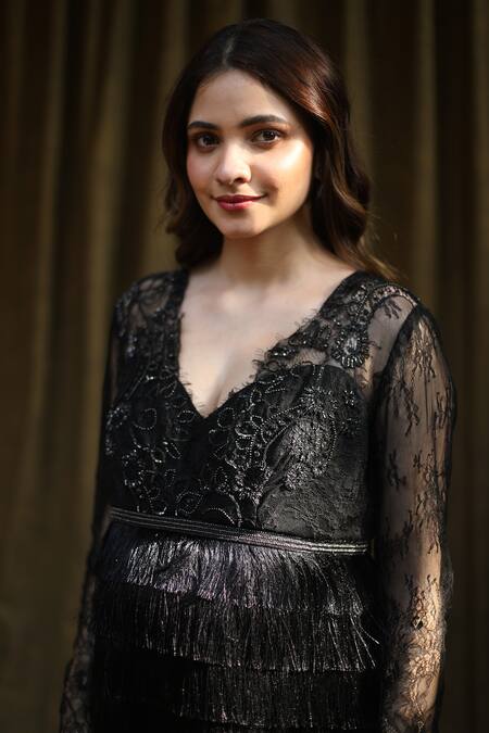 Shop_Bump Loving_Black Crepe, Lace Bead , Sequin V Neck Fringe Layered Dress _Online_at_Aza_Fashions