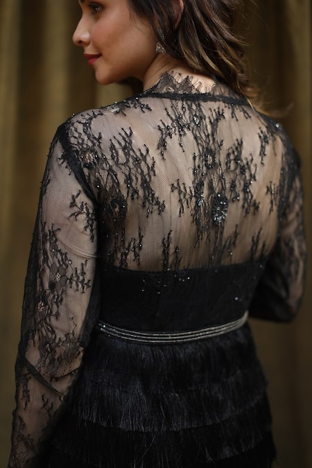 Bump Loving_Black Crepe, Lace Bead , Sequin V Neck Fringe Layered Dress _at_Aza_Fashions