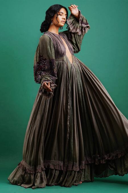 Nidhi Yasha_Green Viscose Embroidery Round Gown _Online_at_Aza_Fashions