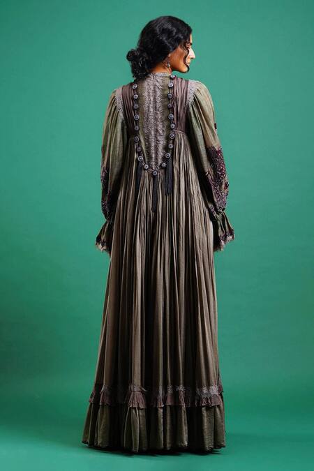 Buy_Nidhi Yasha_Green Viscose Embroidery Round Gown _Online_at_Aza_Fashions