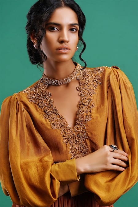 Nidhi Yasha Yellow Viscose Round Embroidered Top Online at Aza Fashions Nidhi Yasha_Yellow Viscose Round Embroidered Top _Online_at_Aza_Fashions