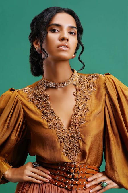 Shop Nidhi Yasha Yellow Viscose Round Embroidered Top Online at Aza Fashions Shop_Nidhi Yasha_Yellow Viscose Round Embroidered Top _Online_at_Aza_Fashions