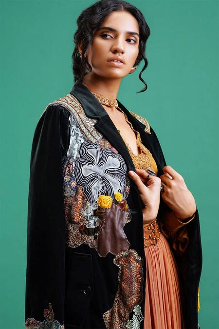 Shop Nidhi Yasha Multi Color Viscose Lapel Collar Embroidered Jacket Online at Aza Fashions Shop_Nidhi Yasha_Multi Color Viscose Lapel Collar Embroidered Jacket _Online_at_Aza_Fashions