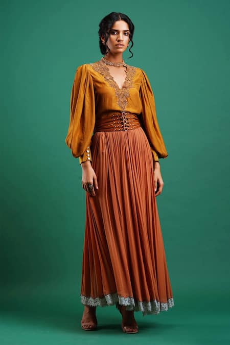 Nidhi Yasha Brown Viscose Gathered Skirt Online at Aza Fashions Nidhi Yasha_Brown Viscose Gathered Skirt _Online_at_Aza_Fashions