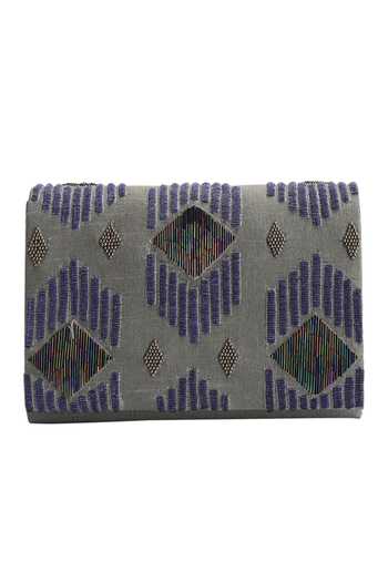 The Purple Sack_Gray Embroidery Grey Flap Clutch With Sling _Online_at_Aza_Fashions