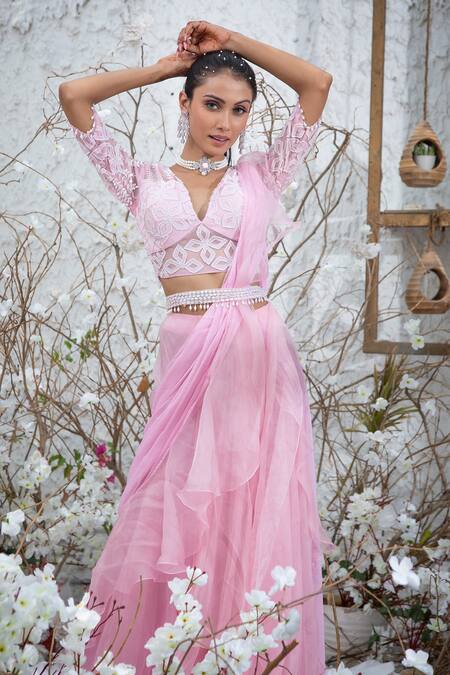 Kanj By Priyanka A Sakhuja Pink Silk Organza Sequin, Bead And Thread Work Meidha Sharara Saree With Blouse Online at Aza Fashions Kanj By Priyanka A Sakhuja_Pink Silk Organza Sequin, Bead And Thread Work Meidha Sharara Saree With Blouse _Online_at_Aza_Fashions