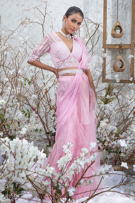 Shop Kanj By Priyanka A Sakhuja Pink Silk Organza Sequin, Bead And Thread Work Meidha Sharara Saree With Blouse at Aza Fashions Shop_Kanj By Priyanka A Sakhuja_Pink Silk Organza Sequin, Bead And Thread Work Meidha Sharara Saree With Blouse _at_Aza_Fashions
