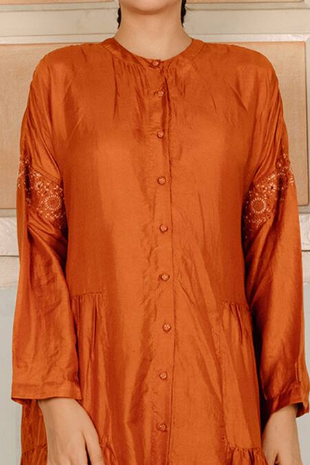 Shop_Ayaka_Orange 100% Mulberry Silk Band Tiered Midi Dress_Online_at_Aza_Fashions