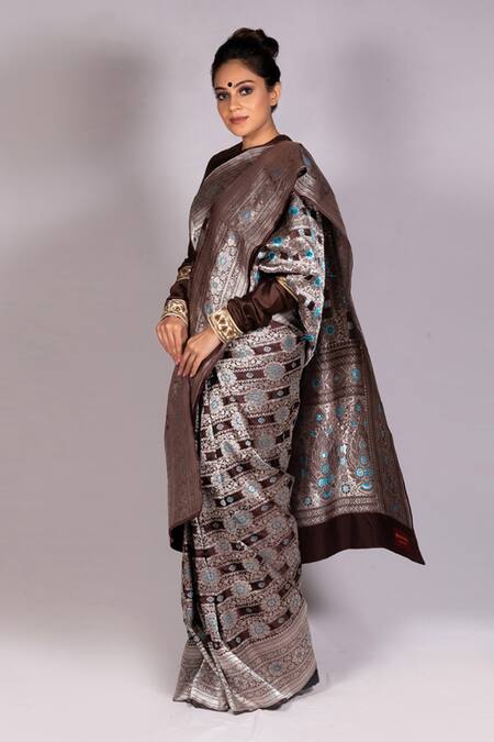 Mimamsaa_Brown Handwoven Silk Embossed Saree_Online_at_Aza_Fashions
