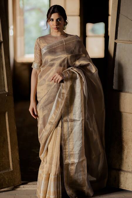 Buy Mimamsaa Beige Tissue Silk Pehr Woven Saree Online at Aza Fashions Buy_Mimamsaa_Beige Tissue Silk Pehr Woven Saree_Online_at_Aza_Fashions