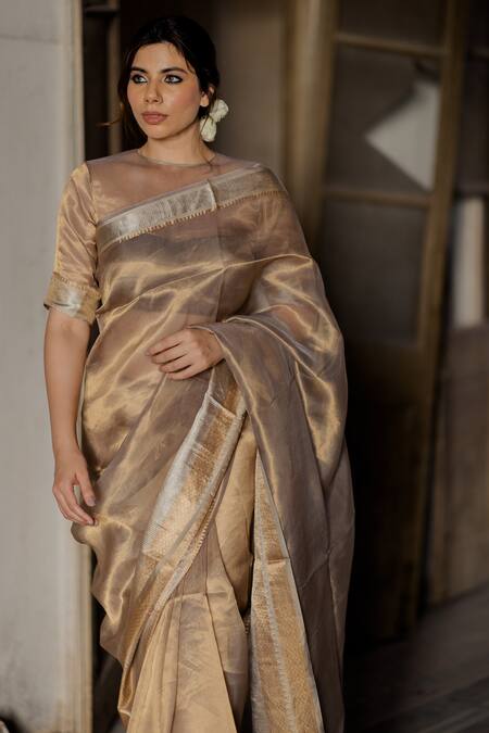 Shop Mimamsaa Beige Tissue Silk Pehr Woven Saree Online at Aza Fashions Shop_Mimamsaa_Beige Tissue Silk Pehr Woven Saree_Online_at_Aza_Fashions