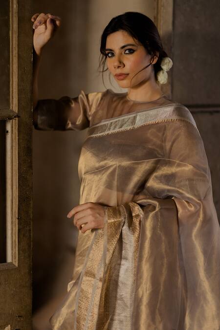 Mimamsaa Beige Tissue Silk Pehr Woven Saree at Aza Fashions Mimamsaa_Beige Tissue Silk Pehr Woven Saree_at_Aza_Fashions