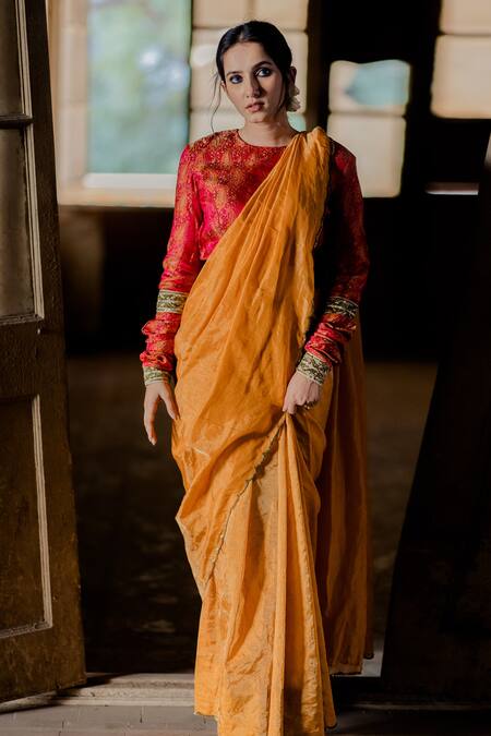 Shop_Mimamsaa_Red Tanchui Embroidered Round Lili Gathered Sleeve Blouse_Online_at_Aza_Fashions