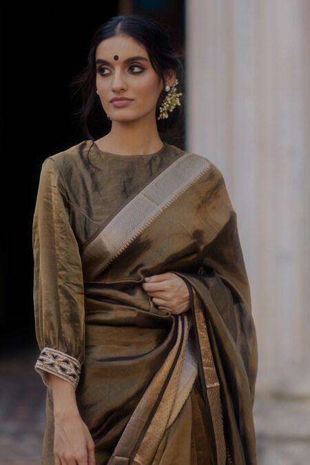 Dark Brown Saree In Cotton Silk With Kundan And Beads Embroidered Border  Online - Kalki Fashion | Fashion, Saree, Cotton silk