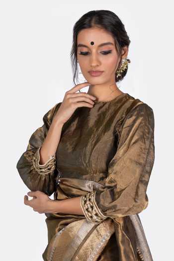 Mimamsaa_Grey Tissue Embroidered Round Kem Blouse_Online_at_Aza_Fashions