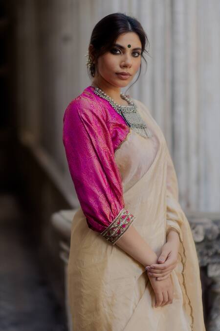 Mimamsaa_White Saree Tissue  Blouse Tanchui Embroidered Debati And _at_Aza_Fashions