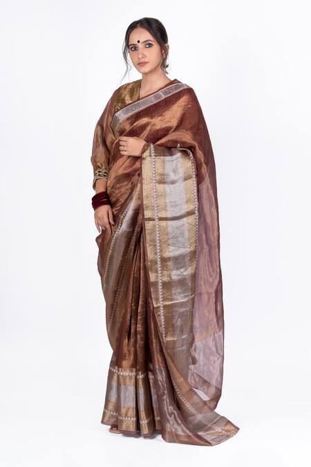 Mimamsaa_Brown Tissue Silk Woven Geometric Motifs Laxmi Saree _Online_at_Aza_Fashions