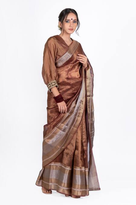 Buy_Mimamsaa_Brown Tissue Silk Woven Geometric Motifs Laxmi Saree _Online_at_Aza_Fashions