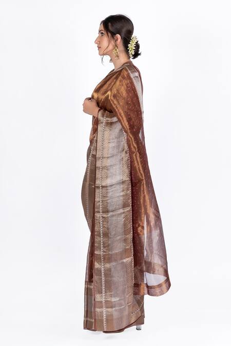 Shop_Mimamsaa_Brown Tissue Silk Woven Geometric Motifs Laxmi Saree _Online_at_Aza_Fashions