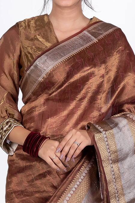 Mimamsaa_Brown Tissue Silk Woven Geometric Motifs Laxmi Saree _at_Aza_Fashions