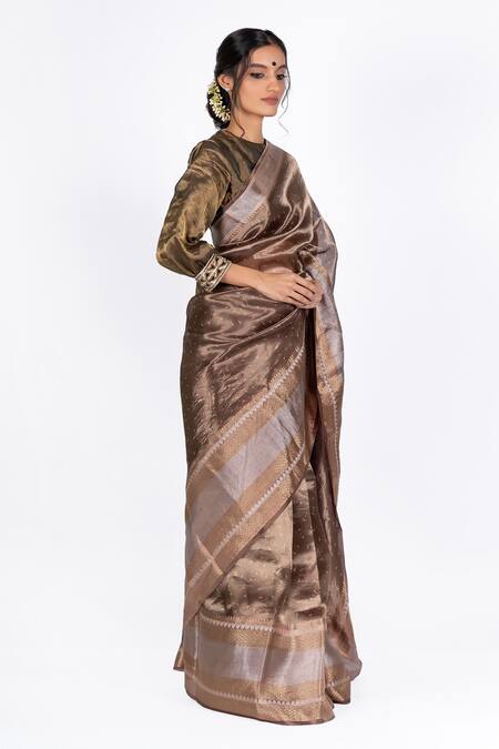 Mimamsaa_Maroon Tissue Silk Woven Geometric Motifs Veena Printed Saree _Online_at_Aza_Fashions