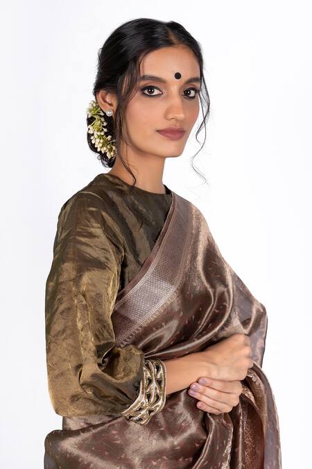 Mimamsaa_Maroon Tissue Silk Woven Geometric Motifs Veena Printed Saree _at_Aza_Fashions