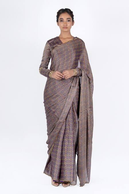 Mimamsaa_Purple Chiffon Silk Bela Printed Saree_Online_at_Aza_Fashions