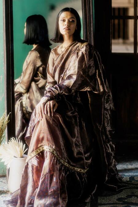 Mimamsaa_Brown Tissue Silk Woven Zuhi Ruffle Saree With Blouse _Online_at_Aza_Fashions