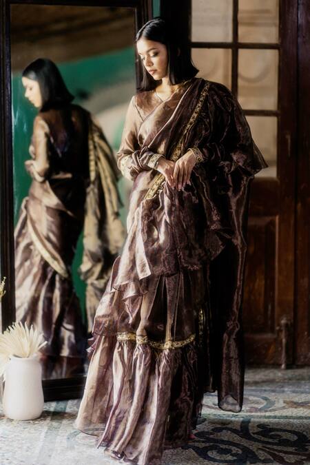 Buy_Mimamsaa_Brown Tissue Silk Woven Zuhi Ruffle Saree With Blouse _Online_at_Aza_Fashions