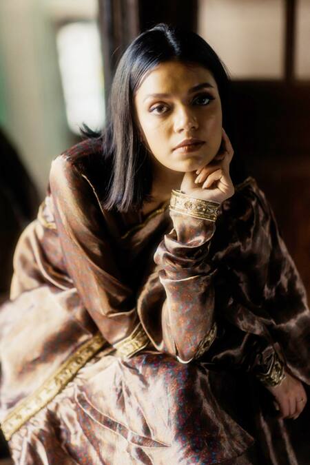 Shop_Mimamsaa_Brown Tissue Silk Woven Zuhi Ruffle Saree With Blouse _Online_at_Aza_Fashions