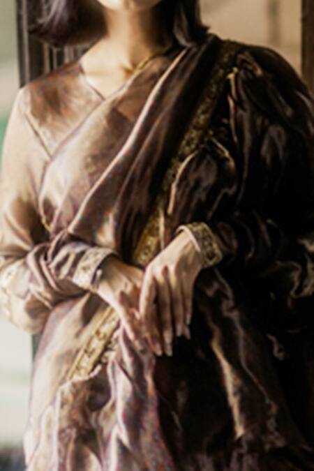 Mimamsaa_Brown Tissue Silk Woven Zuhi Ruffle Saree With Blouse _at_Aza_Fashions