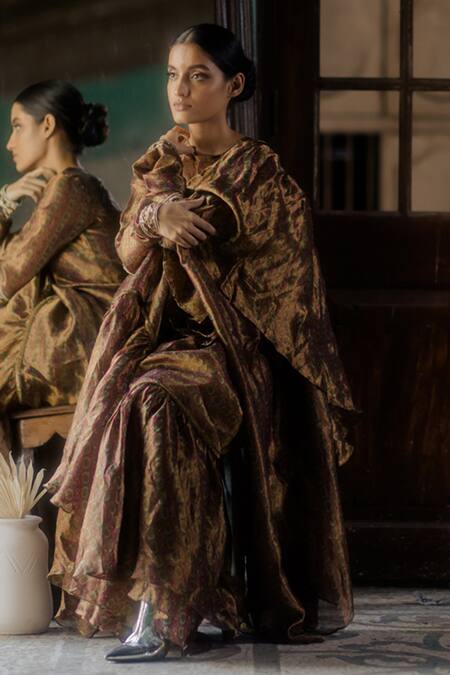 Mimamsaa_Yellow Tissue Silk Woven Floral Motifs Lili Ruffle Saree _Online_at_Aza_Fashions